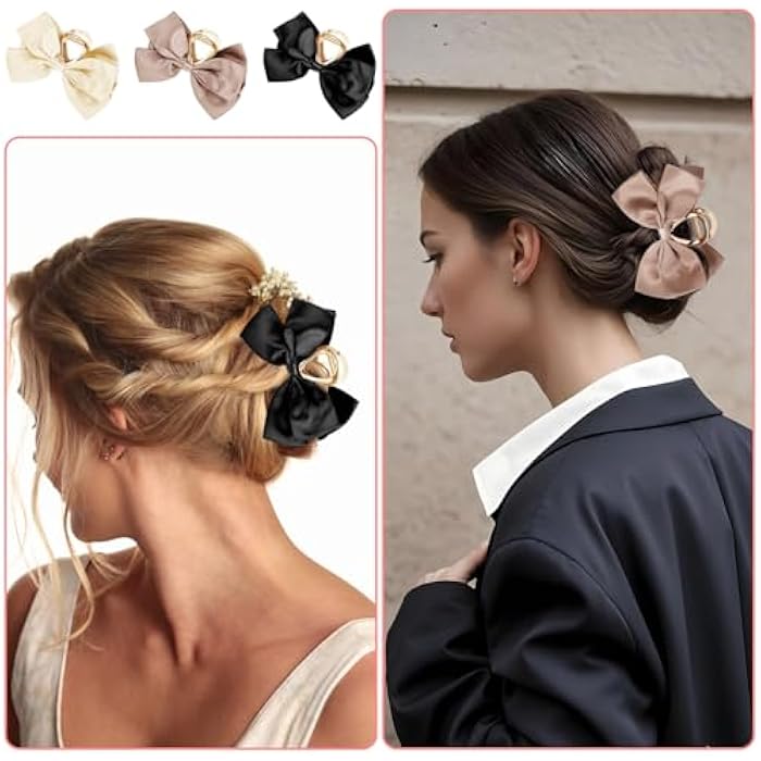 ElevateTech Metal Bow Claw Clip for Women, 3 Pcs Satin Bow Hair Clips Big cute Hair Bows Clips Non Slip Claw Clip with Knots for Thick and Thin Hair (Black/White/Khaki) - Image 5